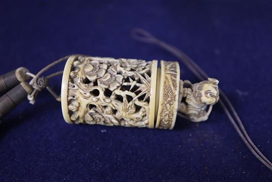 Two 19th century Chinese ivory pomanders and a similar purse